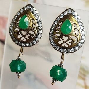 Turkish Pierced Gold & Silver Tone Cut Out Pierced Emerald Color Bezel Earrings